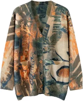 Womens V Neck Oversized Cat Print Cardigan, Boho Patchwork Knit Sweater Long Sleeve Button Front with Pockets